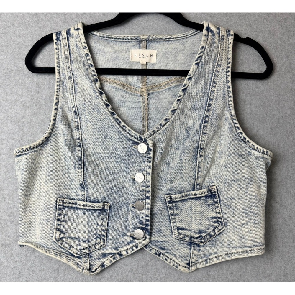 Risen Los Angeles Women Acid Wash Denim Vest Light Blue Cropped RDJ9150 Size M